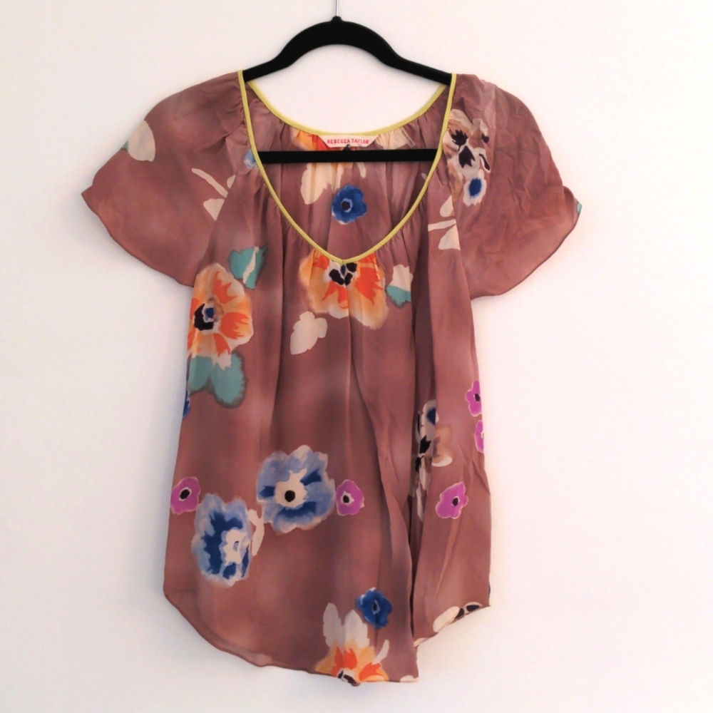 Rebecca Taylor 100% Silk Mauve Floral Print Short Sleeve Blouse